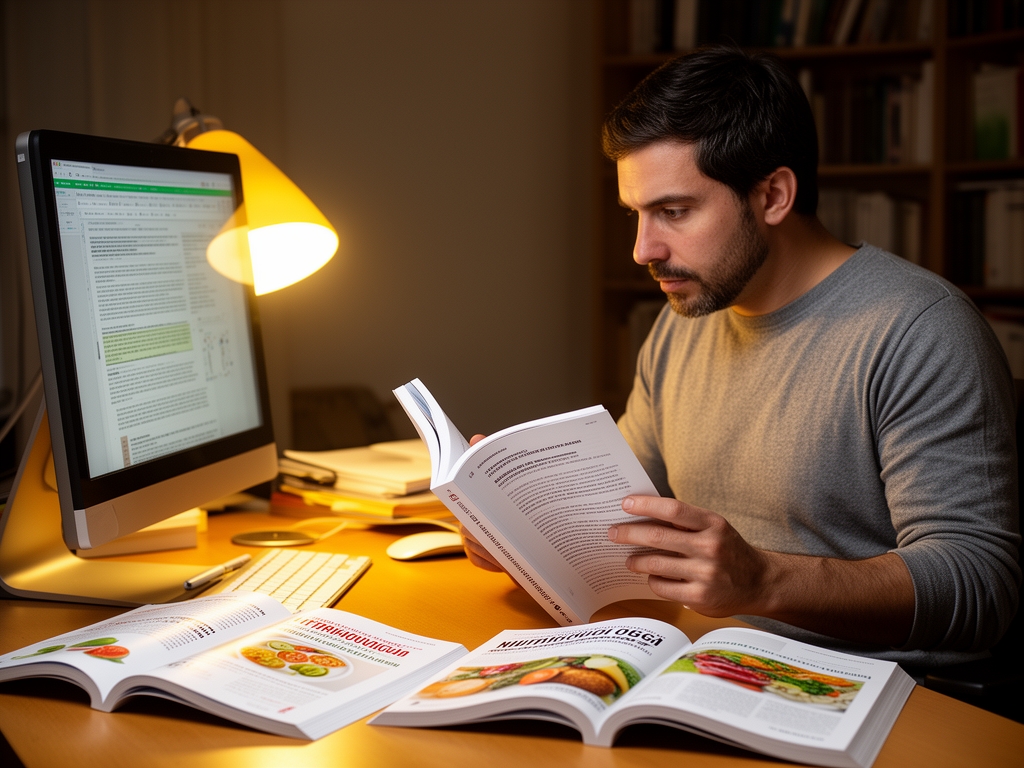 Истраживач пажљиво чита отворену научну публикацију при топлом светлу лампе у уредном радном простору, са неколико отворених часописа о нутрициологији поред рачунара