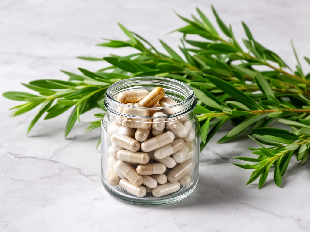 Пластичне капсуле суплемената у стакленој посуди уз зелене гране биљака на светлој мраморној површини, приказ типичних додатака исхрани без брендирања