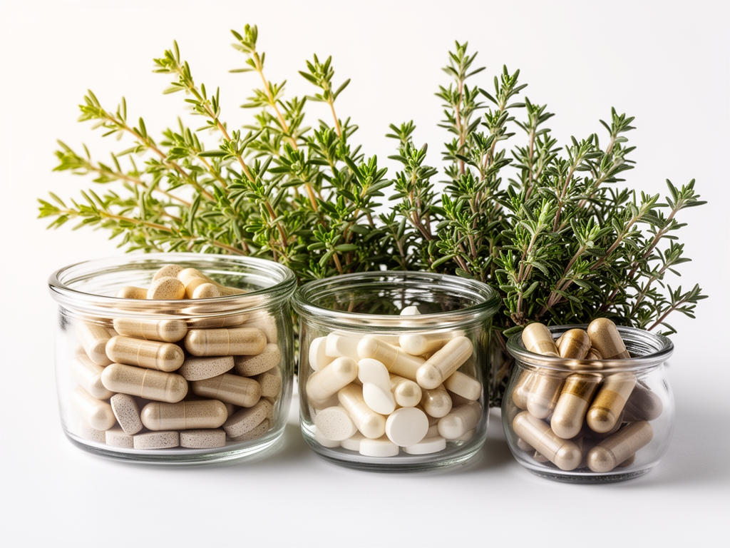 Крупни план разних суплемената у облику капсула и таблета у стакленим посудама поред свежих зачинских биљака, тимијана и нане, са меким природним бочним светлом на белој позадини