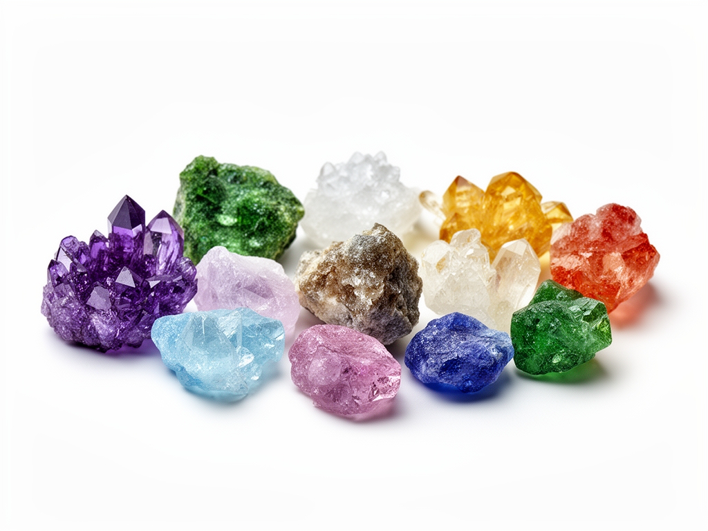 Природни минерали и кристали у различитим бојама на белој позадини, приказ визуелног концепта есенцијалних минерала у контексту нутриције