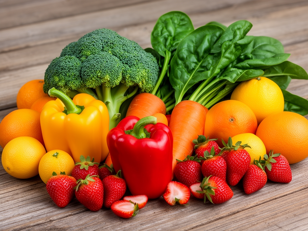 Широки асортиман свежег поврћа и воћа богатих витаминима: броколи, паприка, шаргарепа, спанаћ, јагоде и цитруси на дрвеној подлози уз природно светло