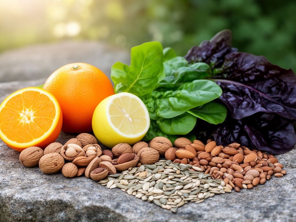 Крупни план разних природних намирница богатих витаминима: поморанџе, лимун, тамно лиснато поврће, орашасти плодови и семенке распоређени на камену површину уз меко природно светло